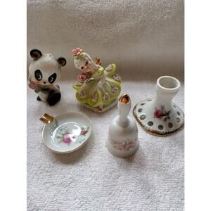 Lefton China Japan/USA five pieces, Saturday's Child, bell, candle holder, A/T